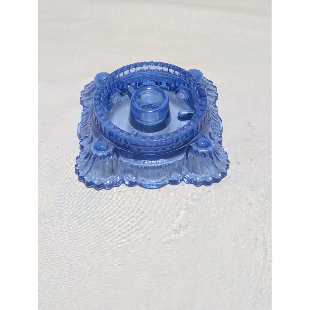 Vintage Blue Glass Taper Candle Holder Ornate Scalloped Square Base Decor